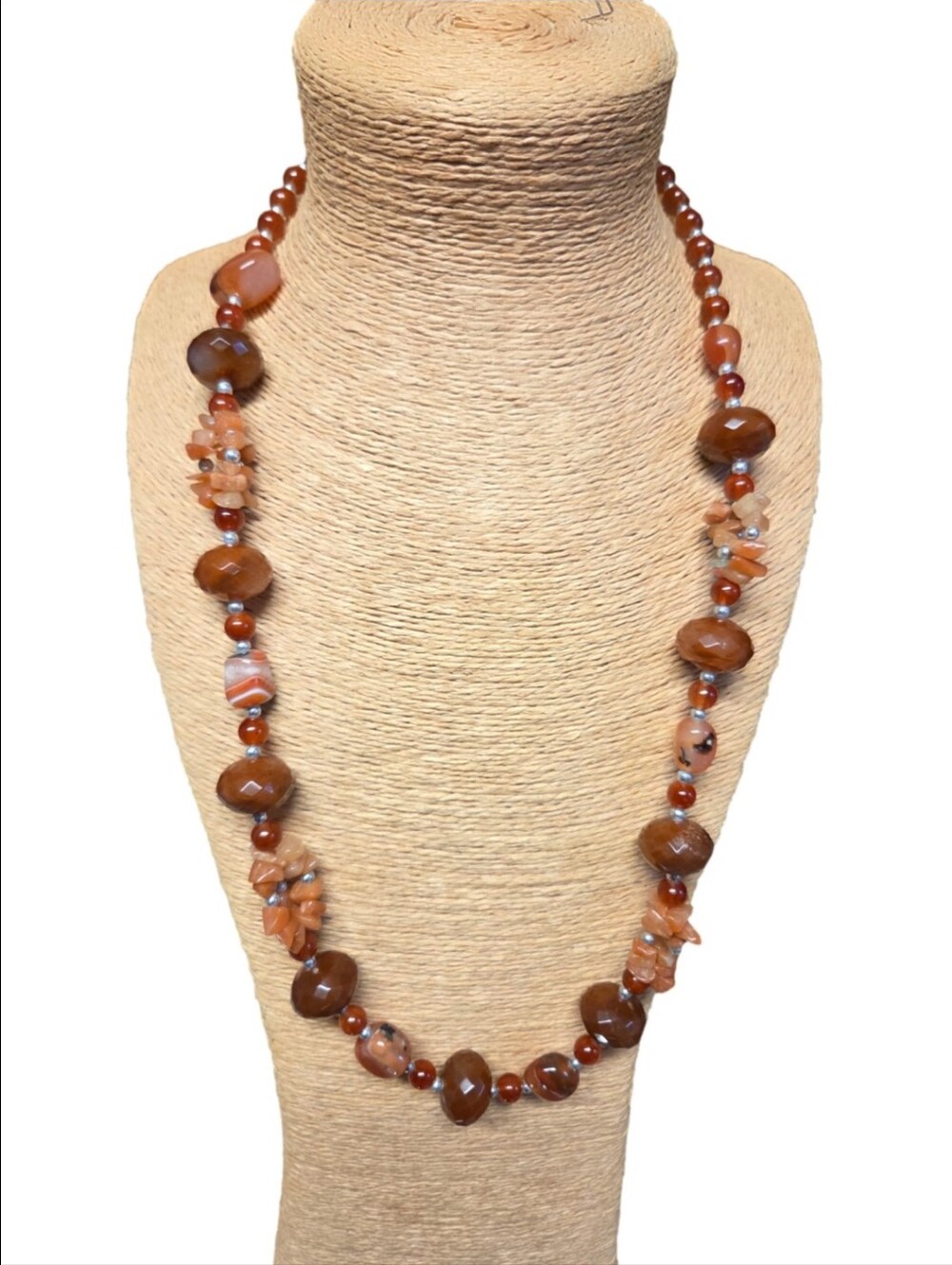 Vintage Single Strand Banded Carnelian Agate Beaded Statement Necklace
